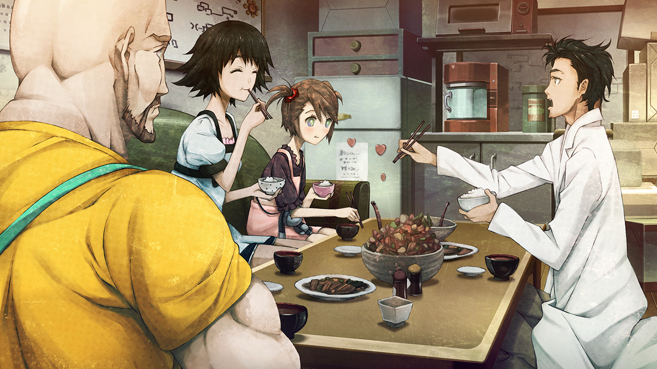 Rintaro, Mayuri, Nae and Mr. Braun